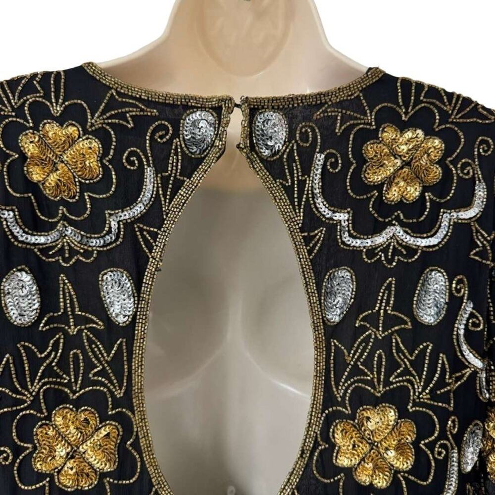 Adrianna Papell Evening Vintage Gold Silver Beaded Knee Length Formal Dress 12 - Picture 9 of 16